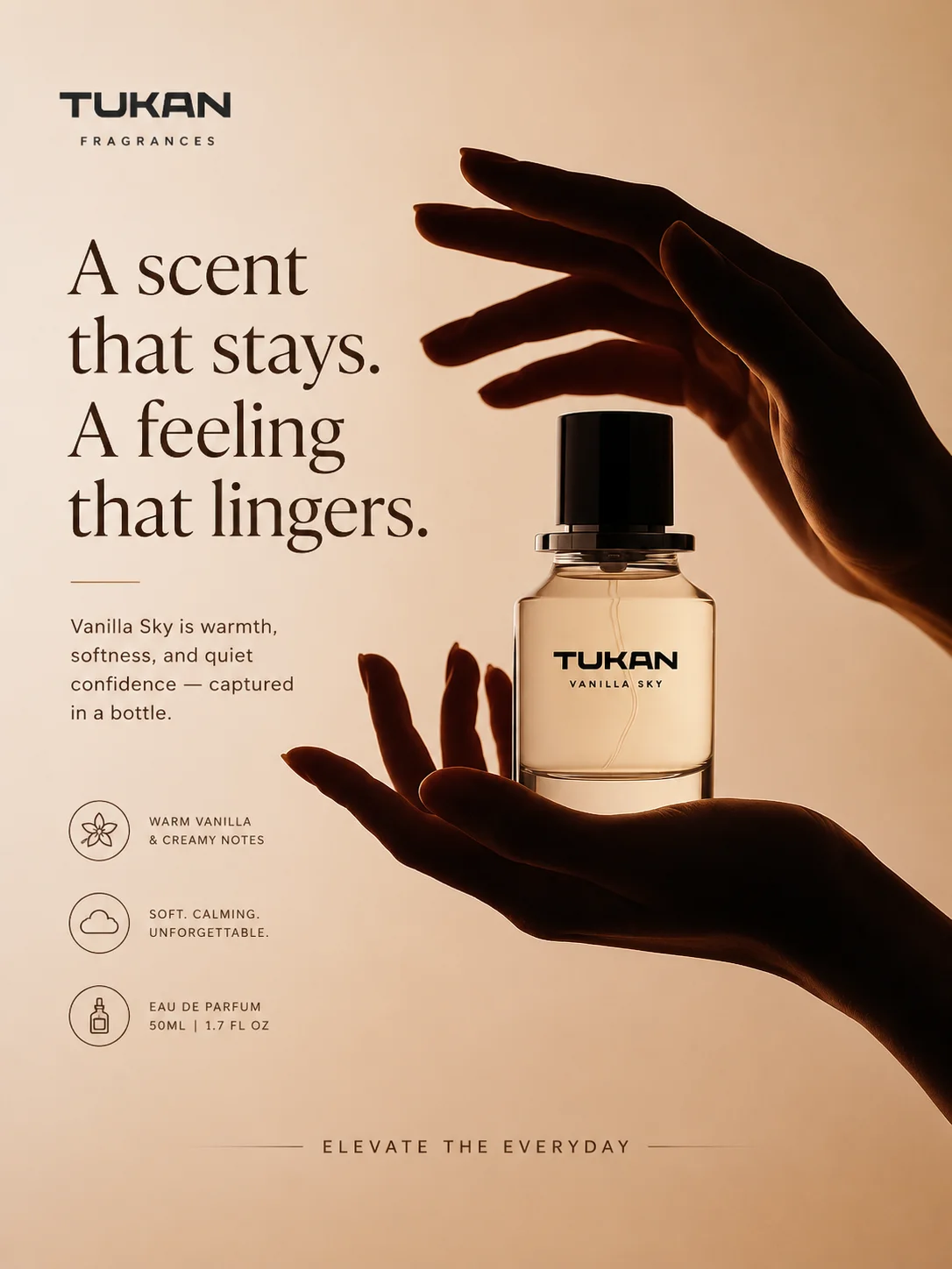 Fragrance creative with warm light, a product bottle and an editorial headline