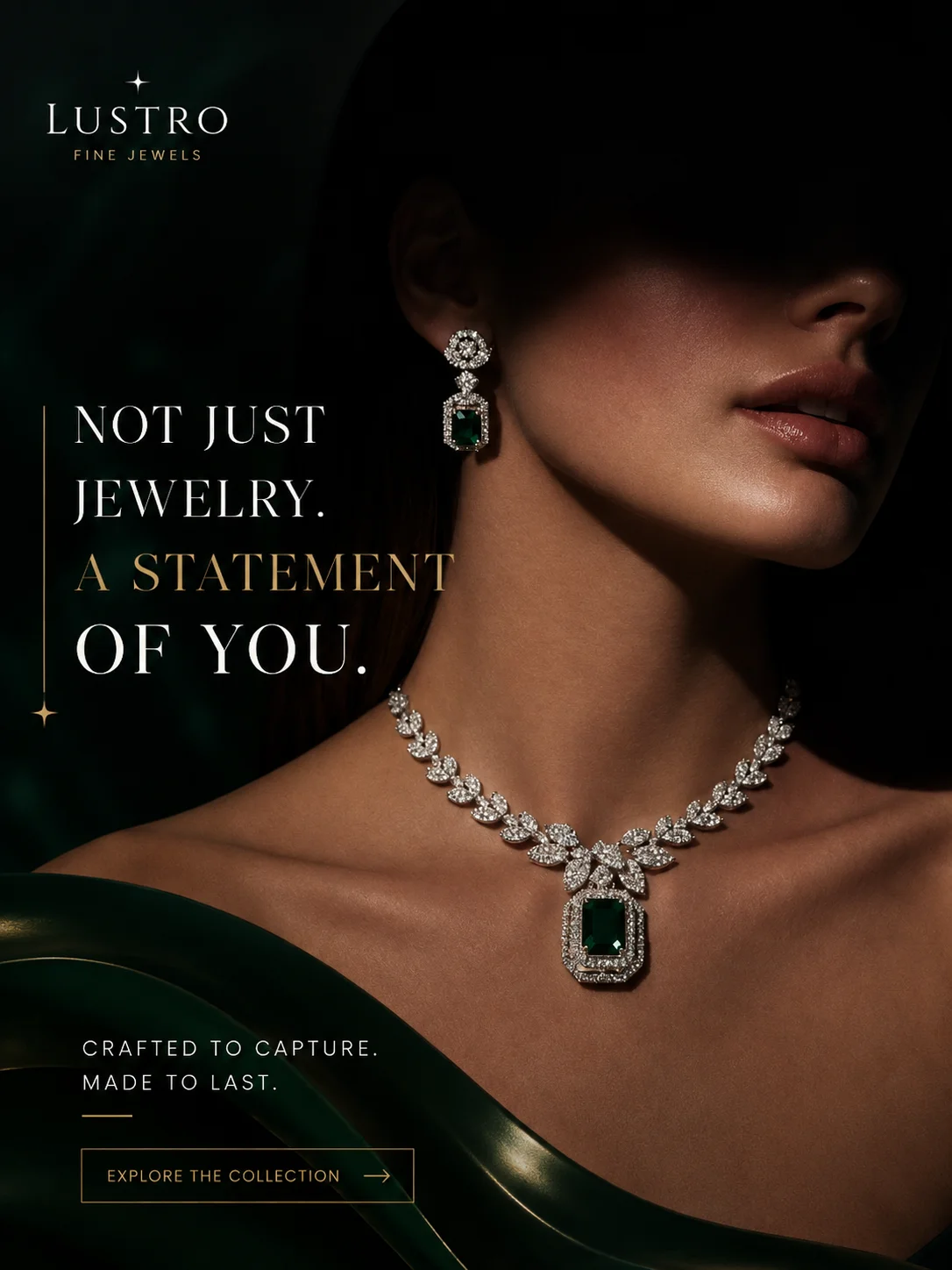 Jewelry creative with an emerald necklace, dark green styling and a product headline